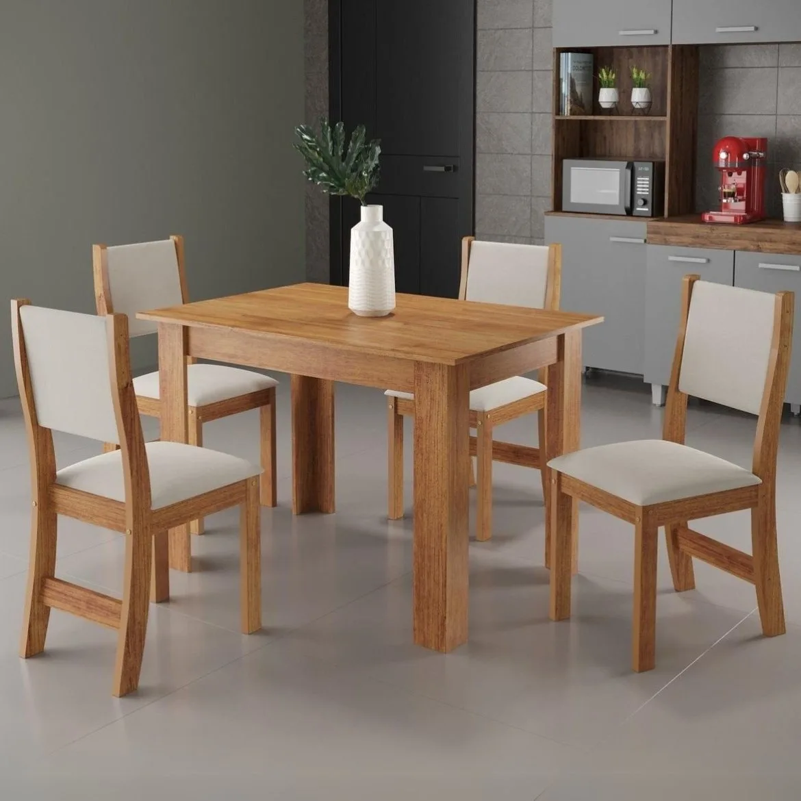 Mesa Palace/Perla Mel com 4 Cadeiras Sol Linho Bronze – VIERO MÓVEIS