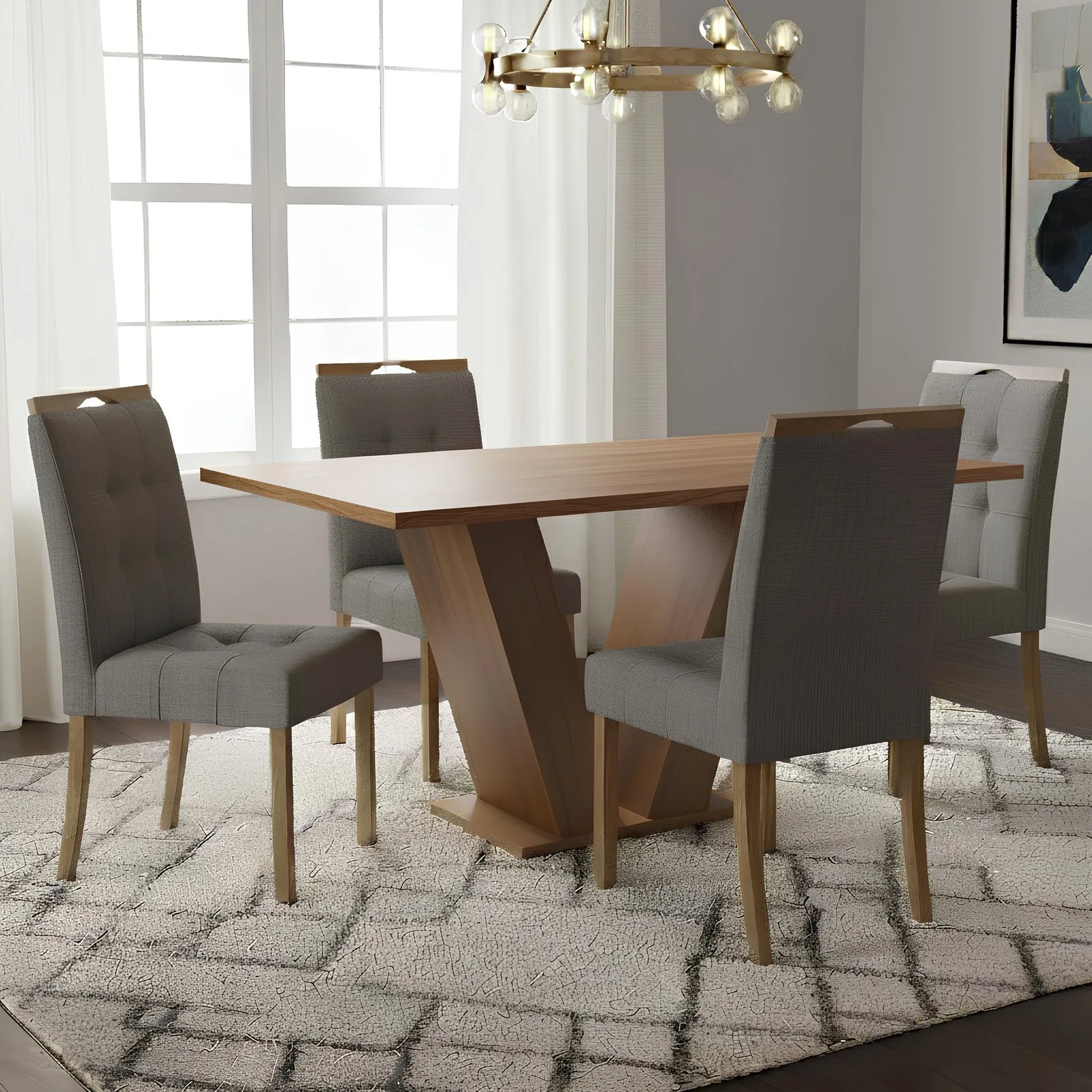 Mesa Classic 120 Cinamomo Laminado com 4 Cadeiras Sophia Linho Cinza Grafite 206 – CEL MÓVEIS + WM DECOR