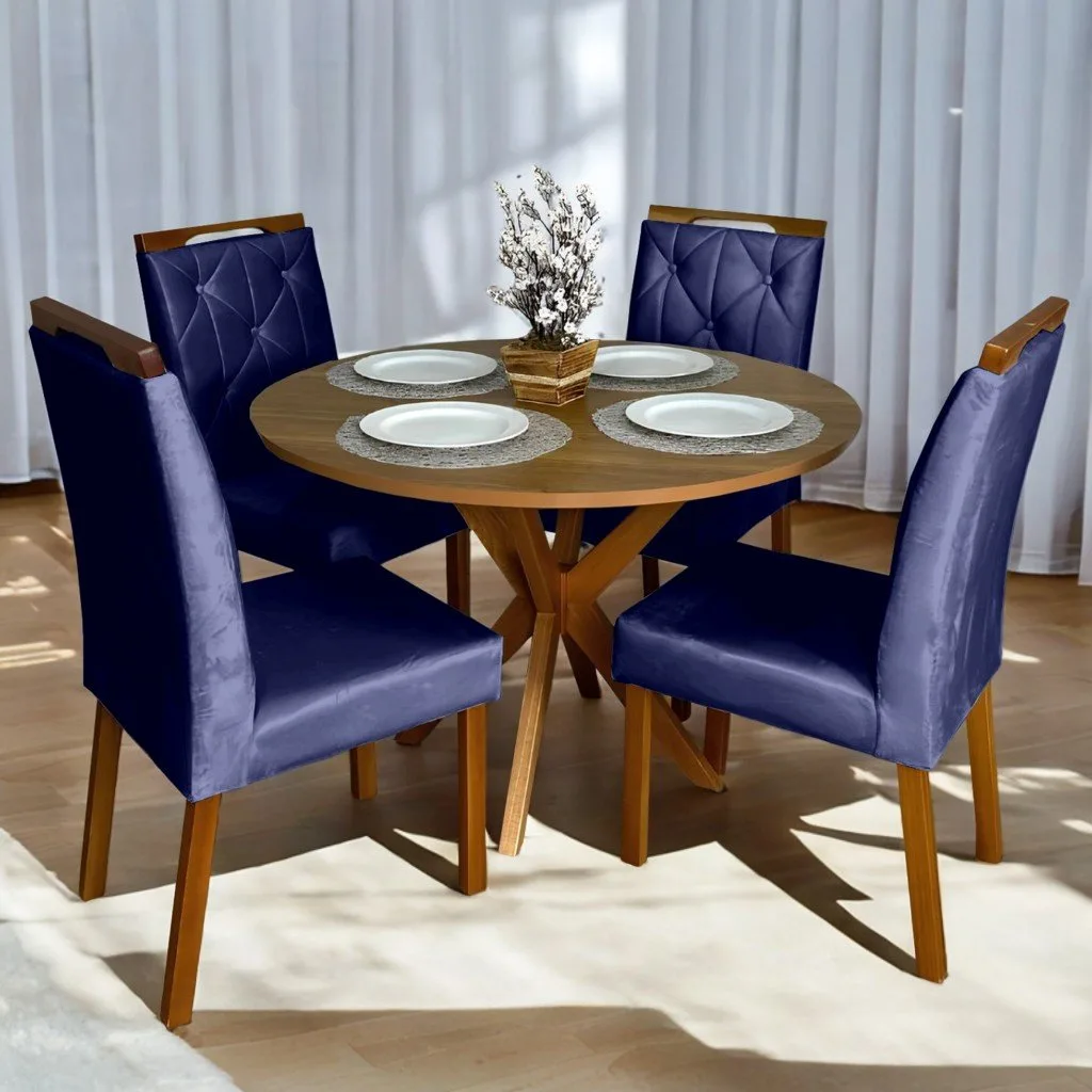 Mesa Redonda Simpatia 108 Cinamono com 4 Cadeiras Yasmim Veludo Azul – JCM MOVELARIA + KM DECOR