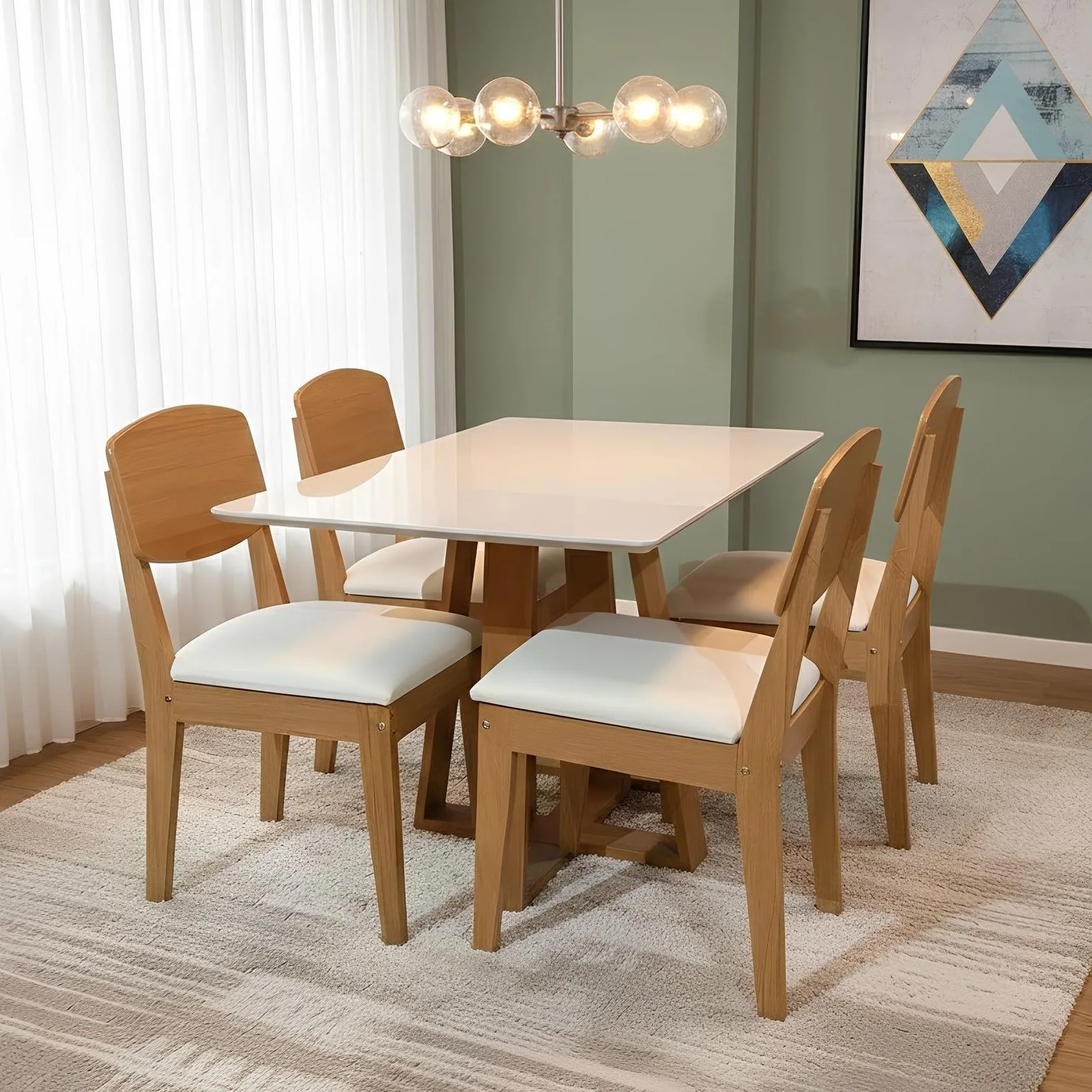 Mesa Pedro 120 Mel/Off White com 4 Cadeiras Havana Veludo Creme – ART ASSENTOS + RUFATO