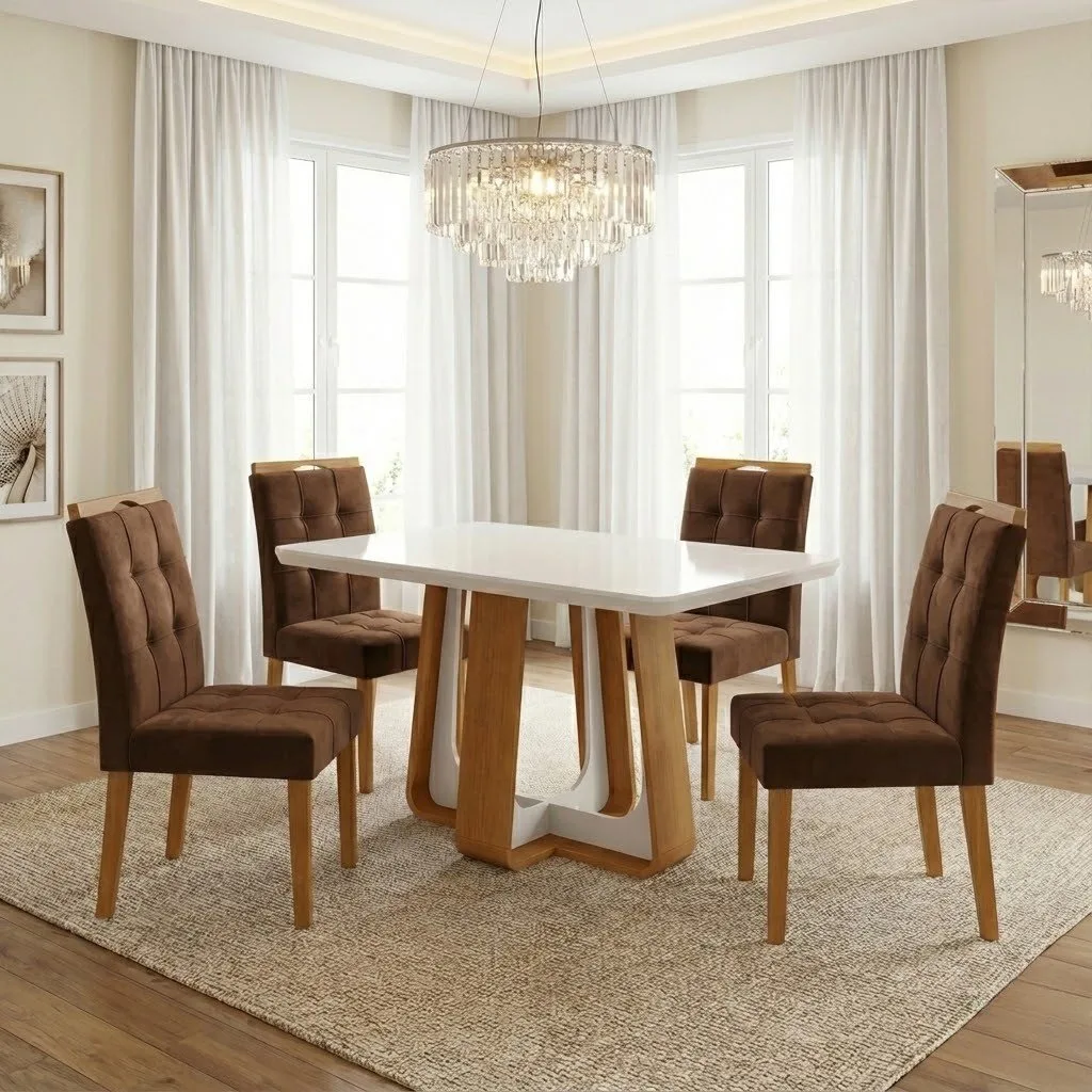 Mesa Sintonia (Tampo Maxi) 120 Amêndoa Clean/Off White com 4 Cadeiras Sophia Veludo Marrom – LOPAS + WM DECOR