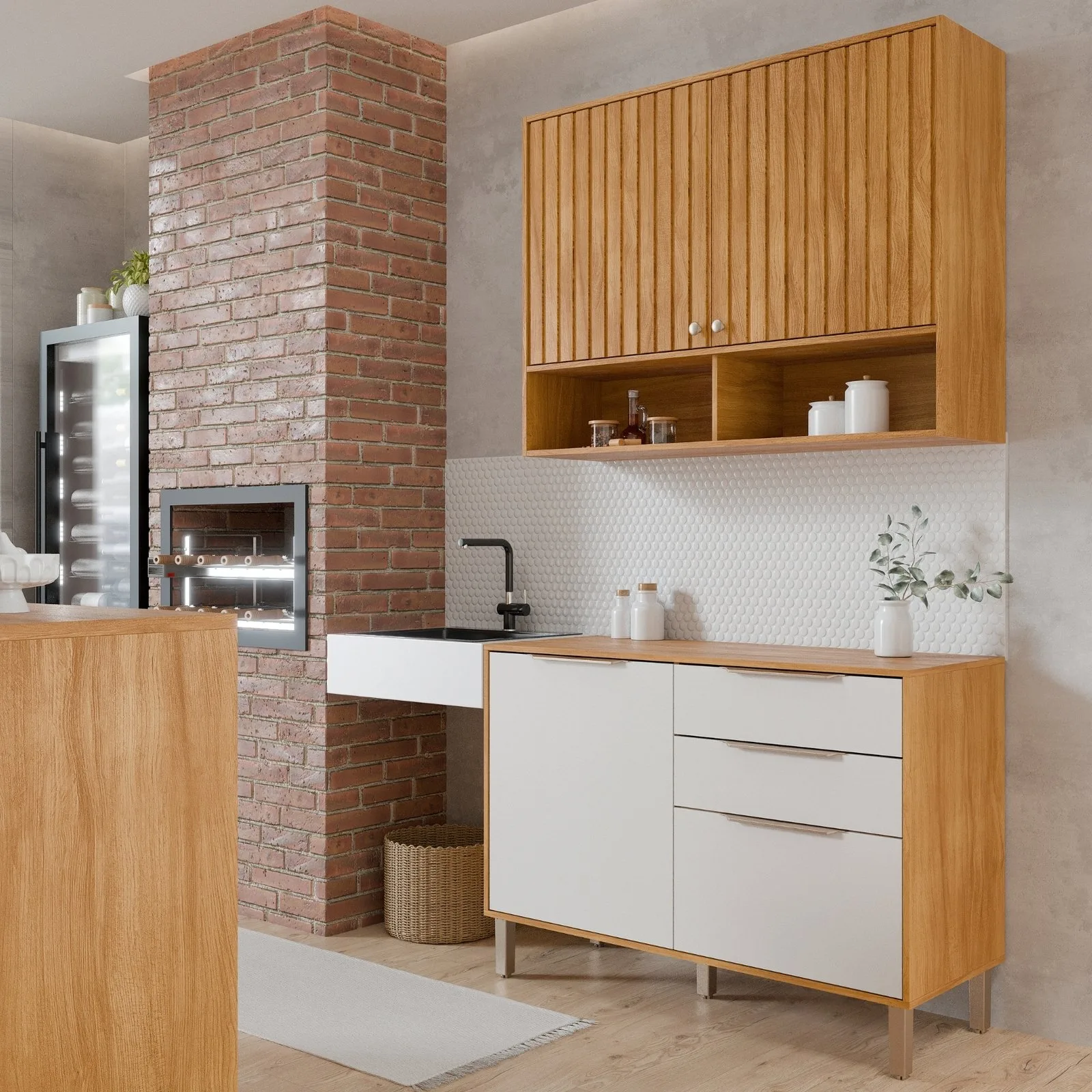 Armário Aéreo 2 Portas + Balcão Divina 1,20 m Cinamomo/Off White – MGM MÓVEIS