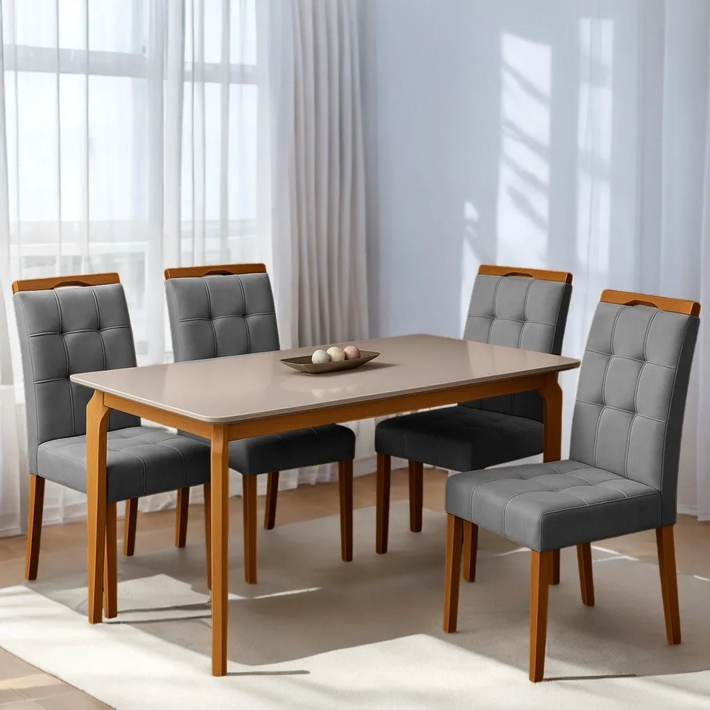 Mesa Alegra 120 Cinamomo/Off White com 4 Cadeiras Sophia Veludo Cinza Grafite – JCM MOVELARIA + WM DECOR