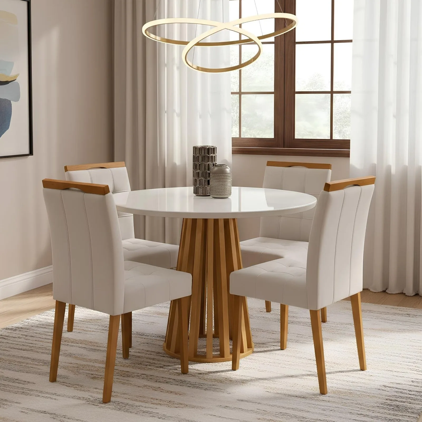 Mesa Redonda Berlim 100 Cinamomo/Off White com 4 Cadeiras Sophia Veludo Bege – CEL MÓVEIS + WM DECOR