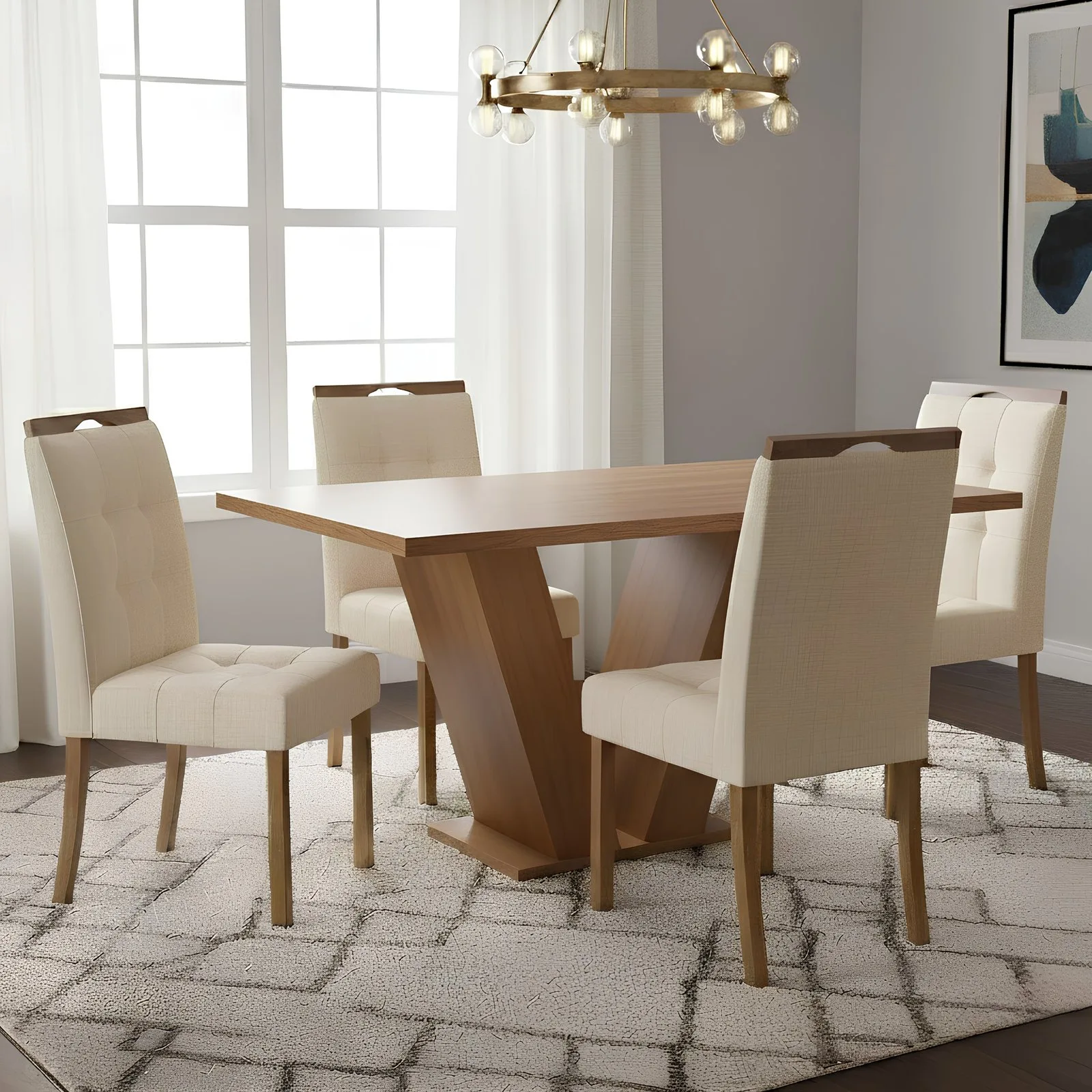 Mesa Classic 120 Cinamomo Laminado com 4 Cadeiras Sophia Linho Bege 200 – CEL MÓVEIS + WM DECOR