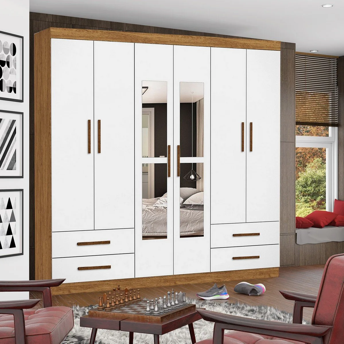 Guarda-Roupa 6 Portas Hércules(Com espelho) 1,77 m Cinamomo/Branco – CARIOCA MÓVEIS