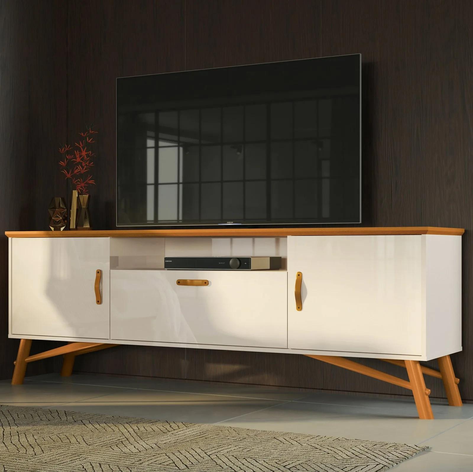 Rack até 75″ Felix Off White/Cedro Natural – EDN MÓVEIS