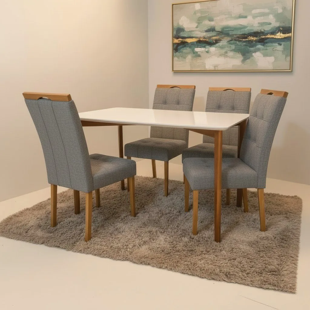 Mesa Ravena 120 Naturale/Off White com 4 Cadeiras Sophia Linho Cinza Grafite 206 – CLEFATOS DECOR + WM DECOR