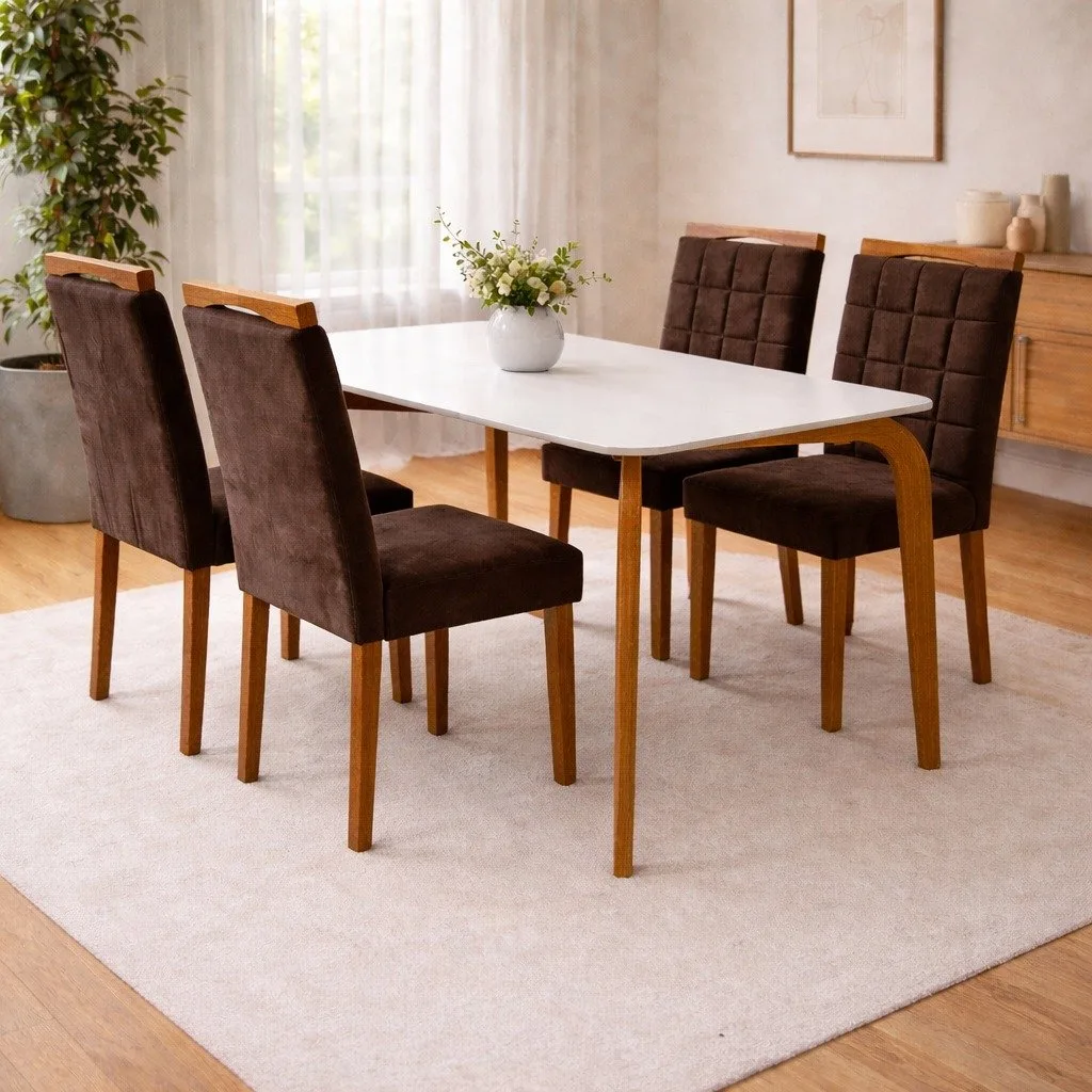 Mesa Capri 120 (C/Vidro) Cinamomo/Off White com 4 Cadeiras Las Vegas Veludo Marrom 17 – MÓVEIS VALVERDE + OURO DECOR