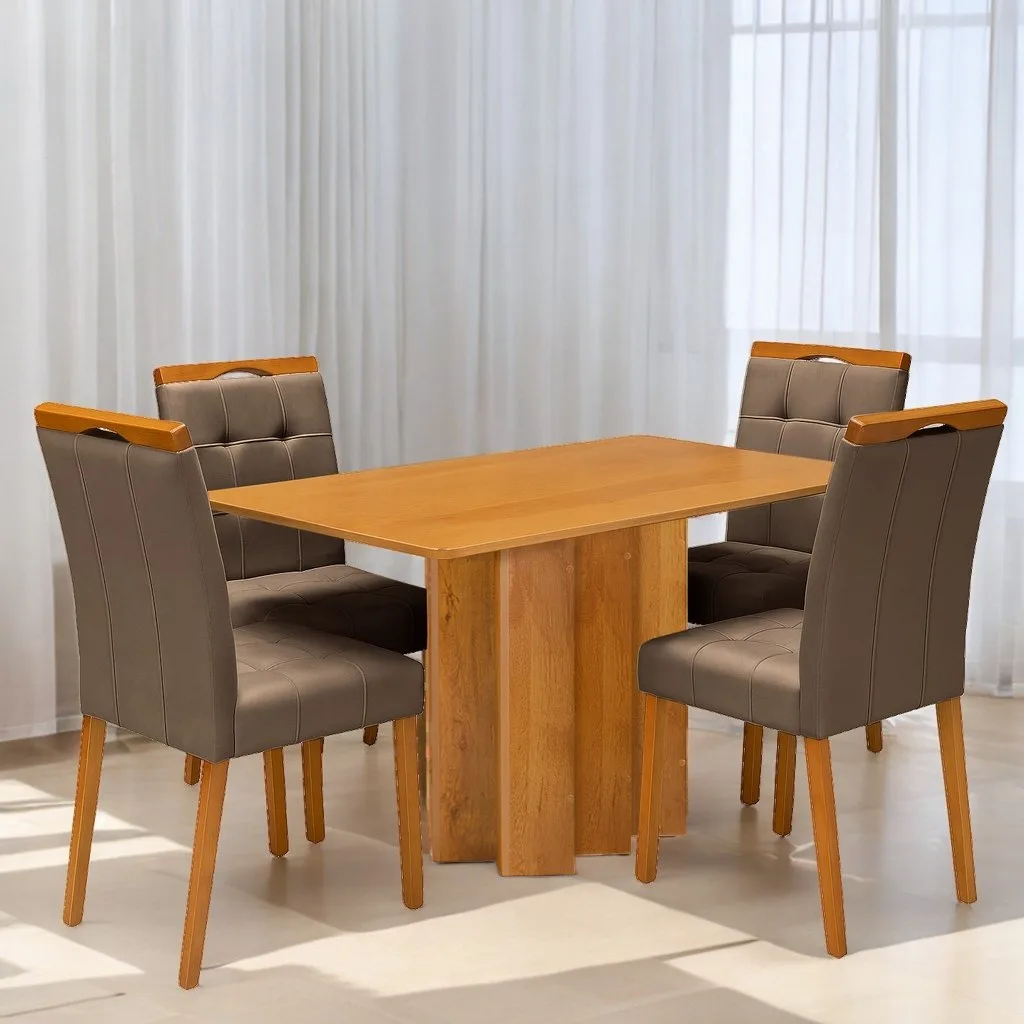 Mesa Recife 120 Cinamomo Laminado com 4 Cadeiras Sophia Veludo Marrom – CEL MÓVEIS + WM DECOR