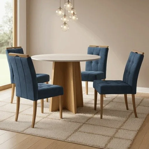 Mesa Redonda Celebrare 100 Amêndoa Clean/Off White com 4 Cadeiras Sophia Veludo Azul – LOPAS + WM DECOR