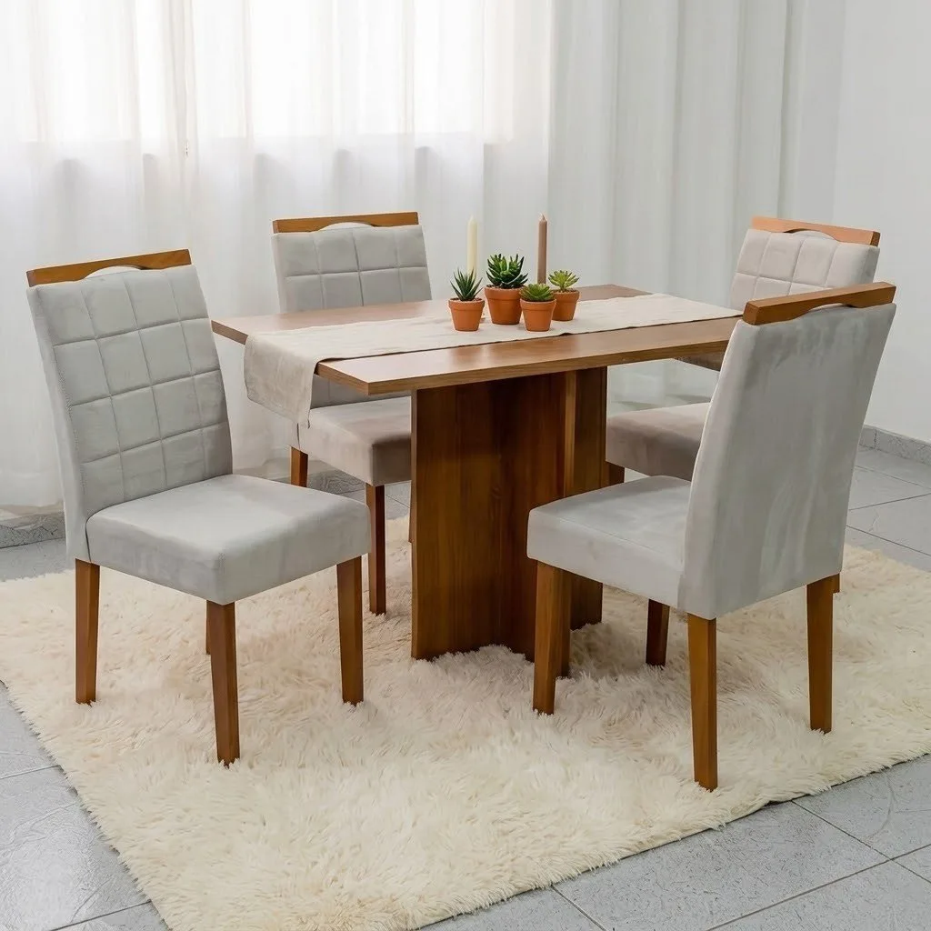 Mesa Salinas 100 (Tampo Dakota s/vidro) Cinamomo/Off White com 4 Cadeiras Las Vegas Veludo Bege 01 – CEL MÓVEIS + OURO D