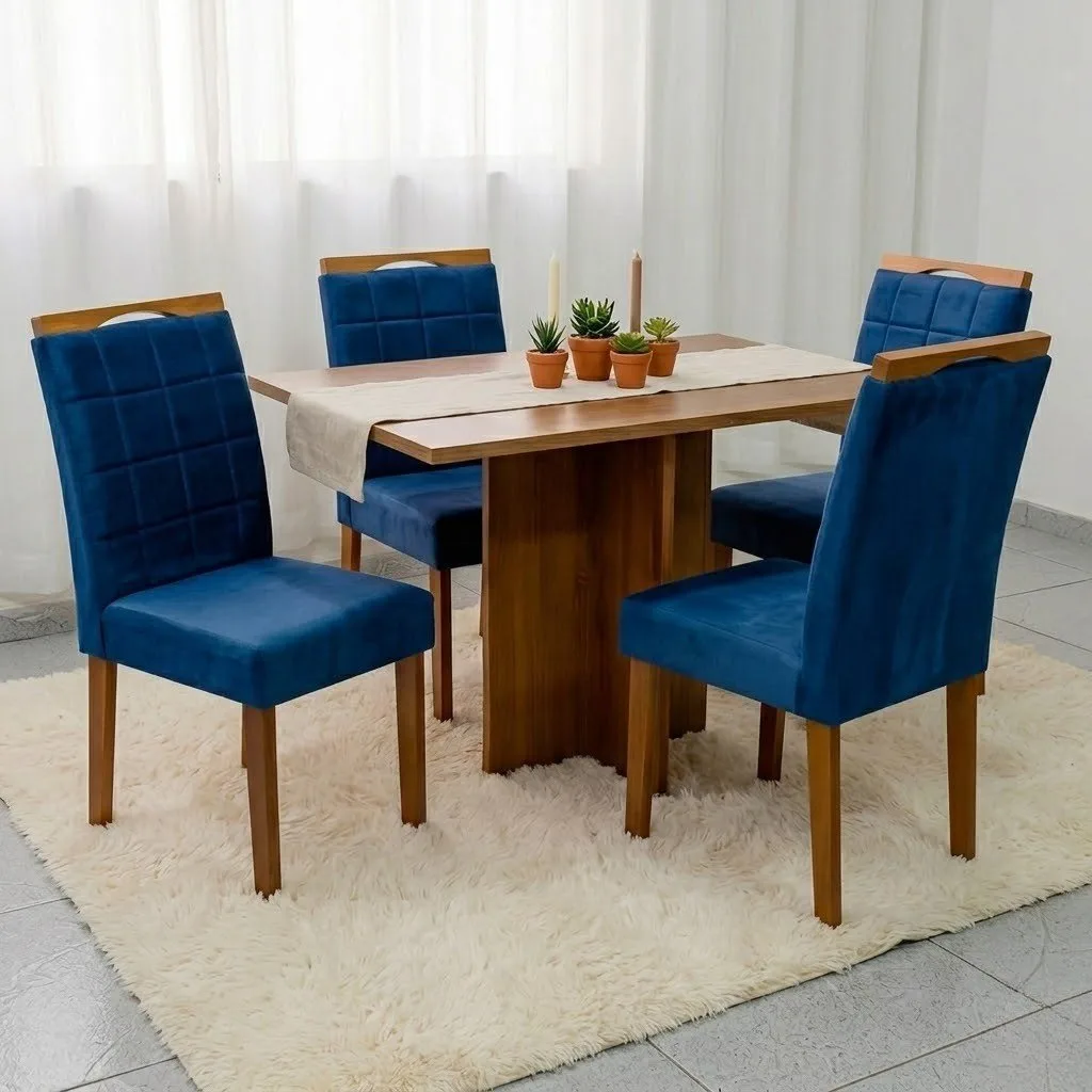 Mesa Salinas 100 (Tampo Dakota s/vidro) Cinamomo/Off White com 4 Cadeiras Las Vegas Veludo Azul 24 – CEL MÓVEIS + OURO D