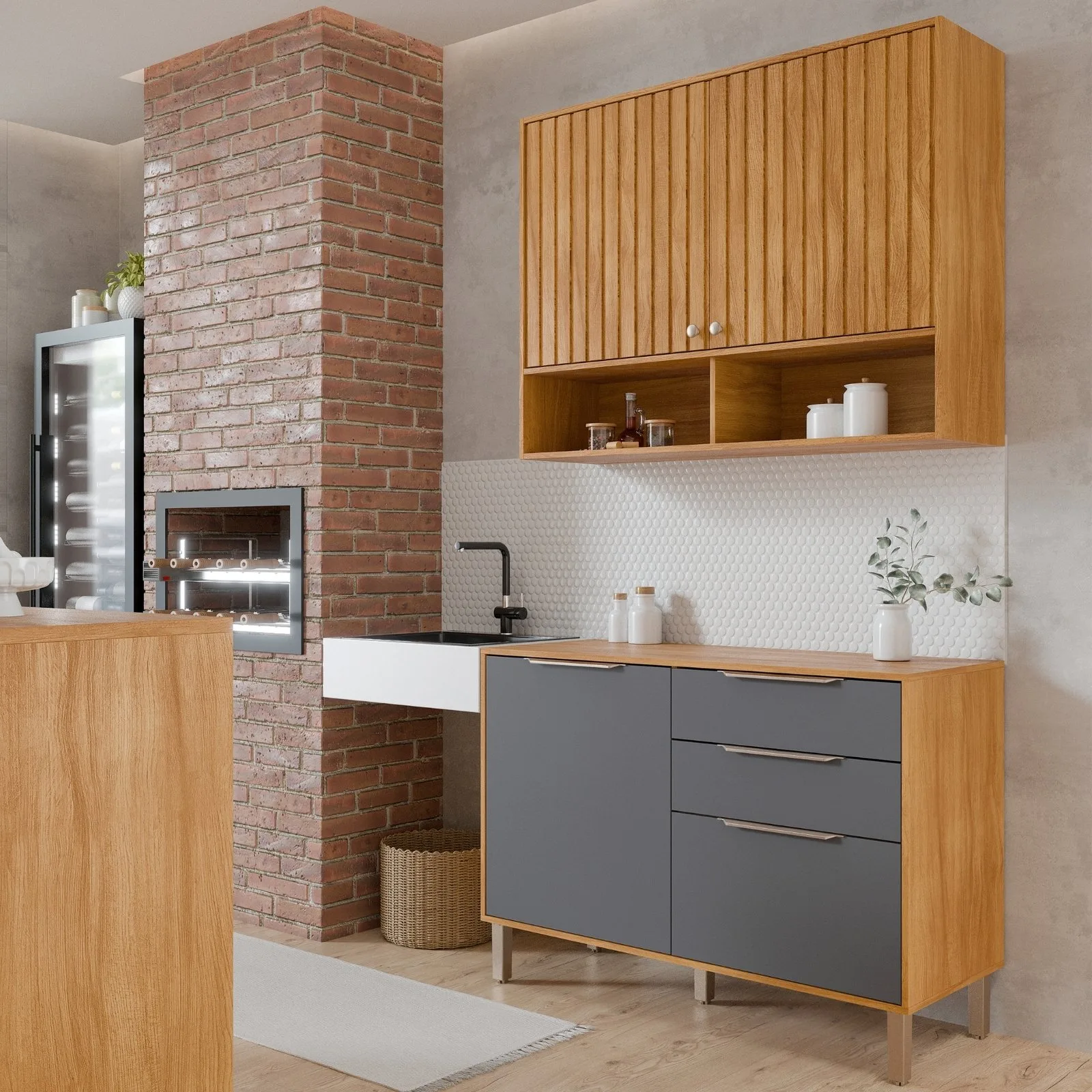 Armário Aéreo 2 Portas + Balcão Divina 1,20 m Cinamomo/Titanium – MGM MÓVEIS