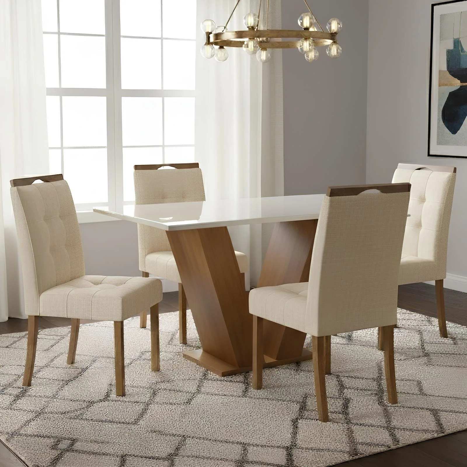 Mesa Classic 120 Cinamomo/Off White com 4 Cadeiras Sophia Linho Bege 200 – CEL MÓVEIS + WM DECOR