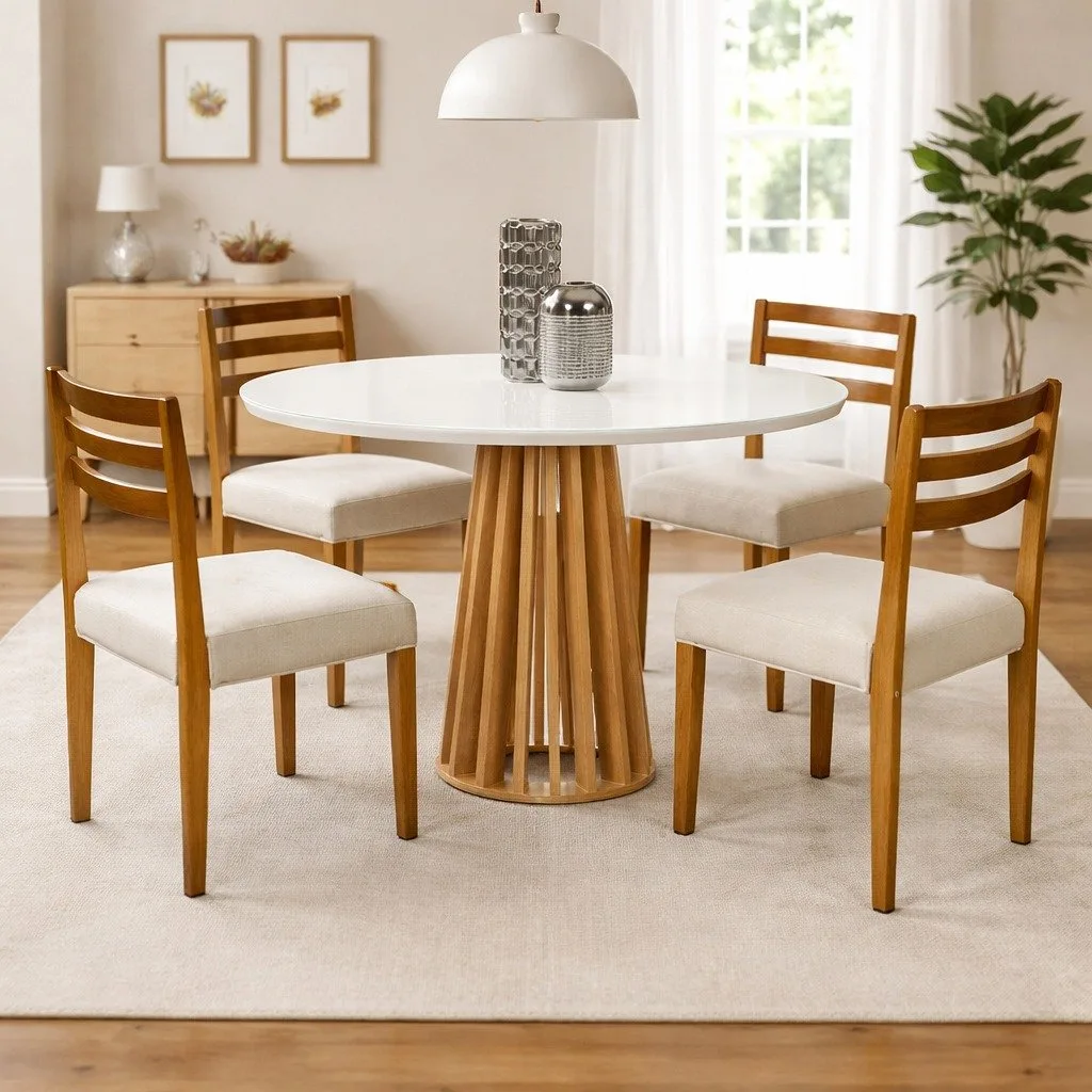 Mesa Berlim 100 Cinamomo/Off White com 4 Cadeiras Turquia Mel/Linho Palha 311A – CEL MÓVEIS + HR MOVELARIA