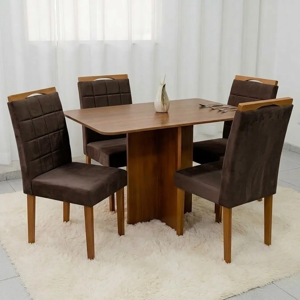 Mesa Salinas 120 (Tampo Londres s/vidro) Cinamomo/Off White com 4 Cadeiras Las Vegas Veludo Marrom 17 – CEL MÓVEIS + OUR