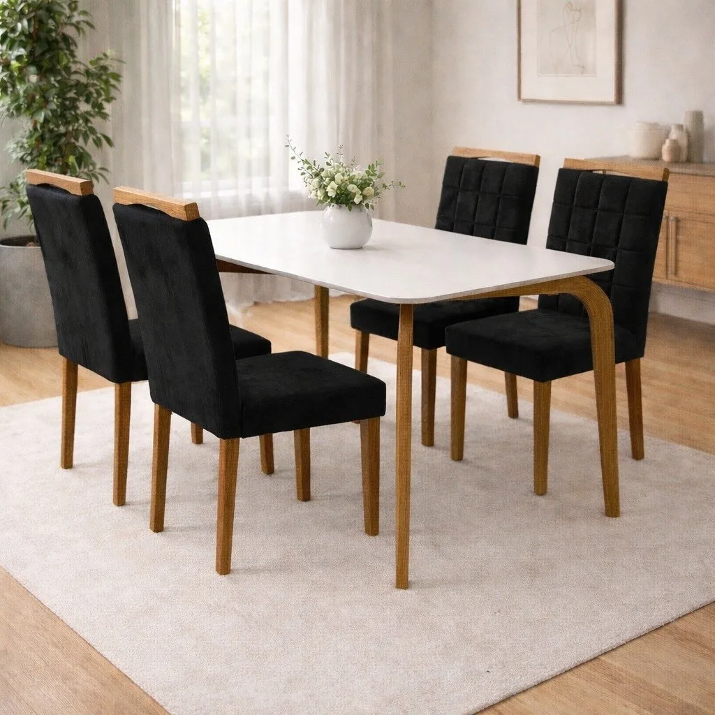 Mesa Capri 120 (C/Vidro) Cinamomo/Off White com 4 Cadeiras Las Vegas Veludo Preto 13 – MÓVEIS VALVERDE + OURO DECOR