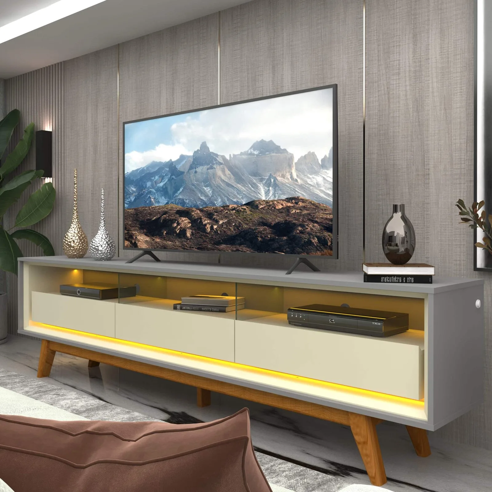 Rack até 75″ Requinte 212 Cinza/Off White – GELIUS