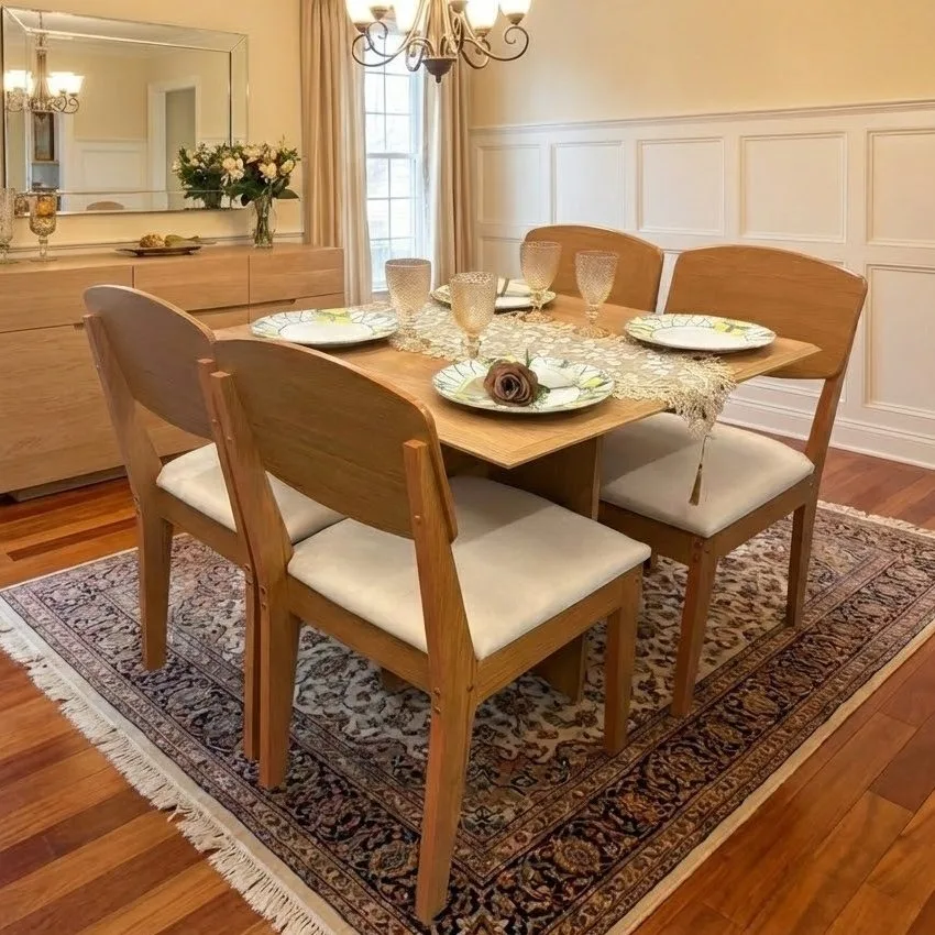 Mesa Pérola 90 Imbuia Mel (Tampo Viena s/vidro) com 4 Cadeiras Havana Veludo Creme – CARVALHO DECOR + RUFATO