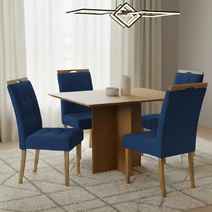 Mesa Pérola 120 Imbuia Mel (Tampo Viena s/vidro) com 4 Cadeiras Sophia Veludo Azul – CARVALHO DECOR + WM DECOR