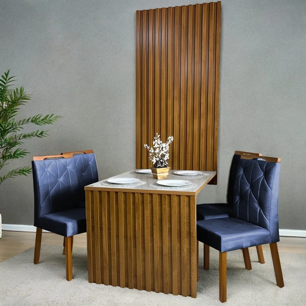 Mesa Cancun 120 Cinamomo/Off White com 4 Cadeiras Yasmim Veludo Azul – CEL MÓVEIS + KM DECOR