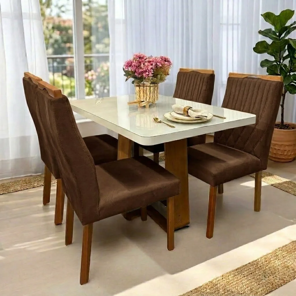 Mesa Sintonia (Tampo Maxi) 120 Amêndoa Clean/Off White com 4 Cadeiras Gênova Veludo Marrom – LOPAS + ART ASSENTOS