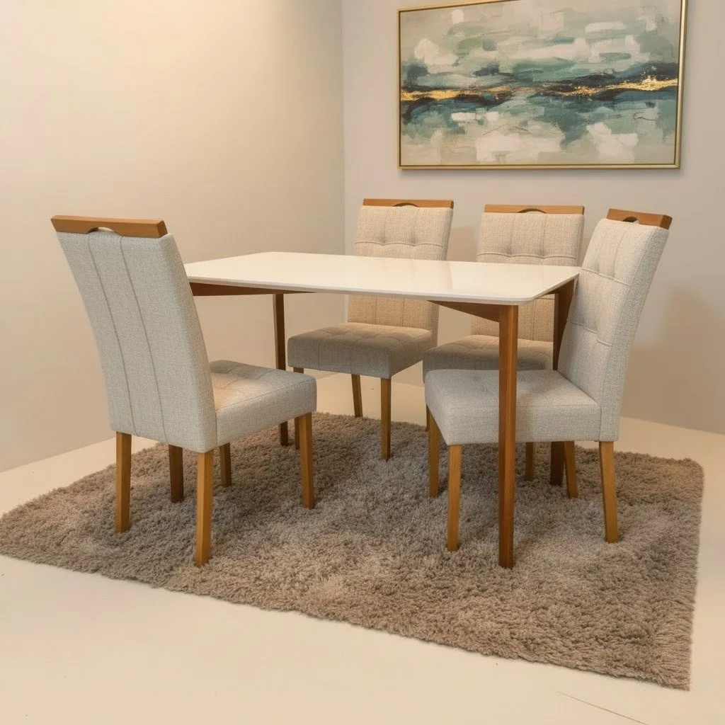 Mesa Ravena 120 Naturale/Off White com 4 Cadeiras Sophia Linho Bege 200 – CLEFATOS DECOR + WM DECOR