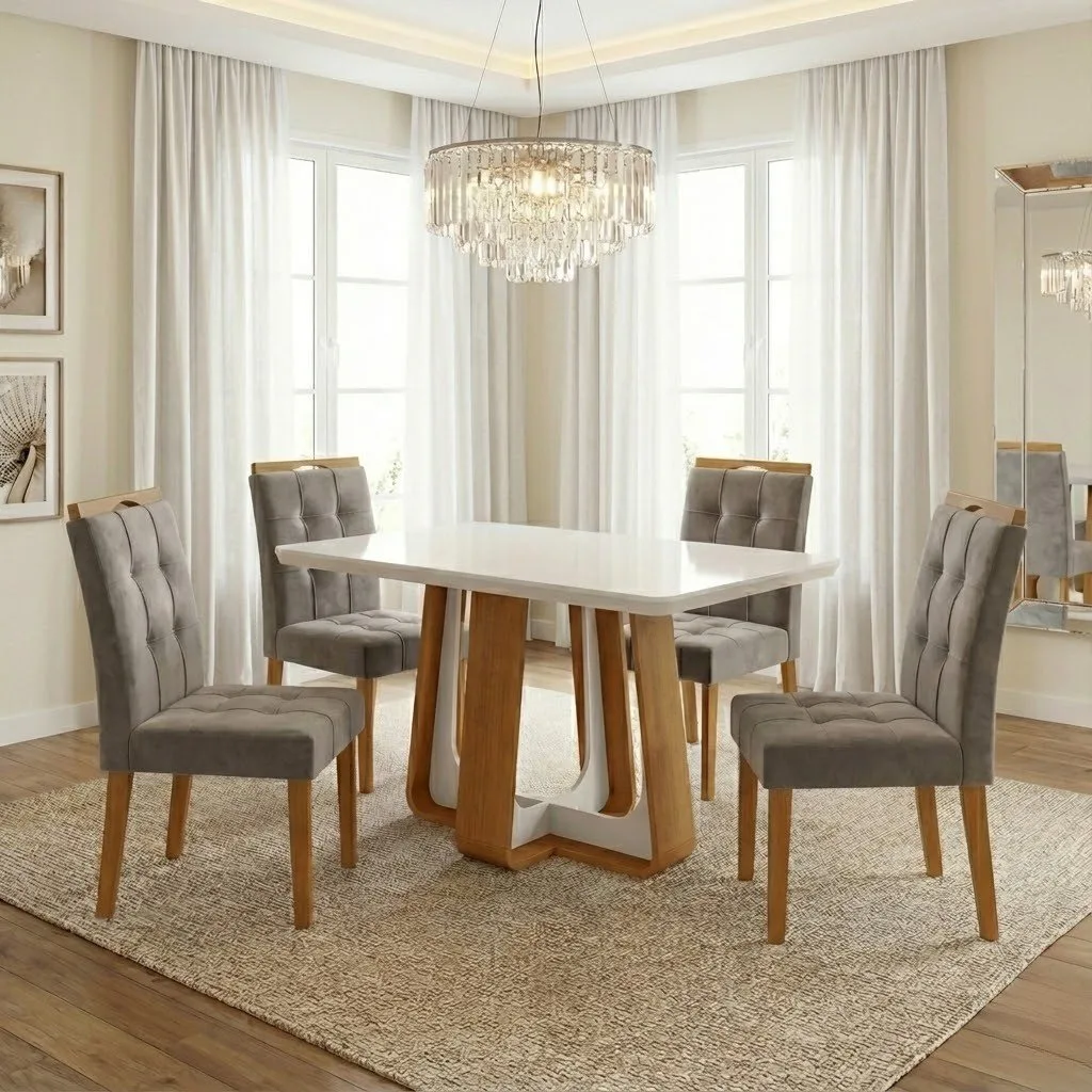 Mesa Sintonia (Tampo Maxi) 120 Amêndoa Clean/Off White com 4 Cadeiras Sophia Veludo Cinza Grafite – LOPAS + WM DECOR