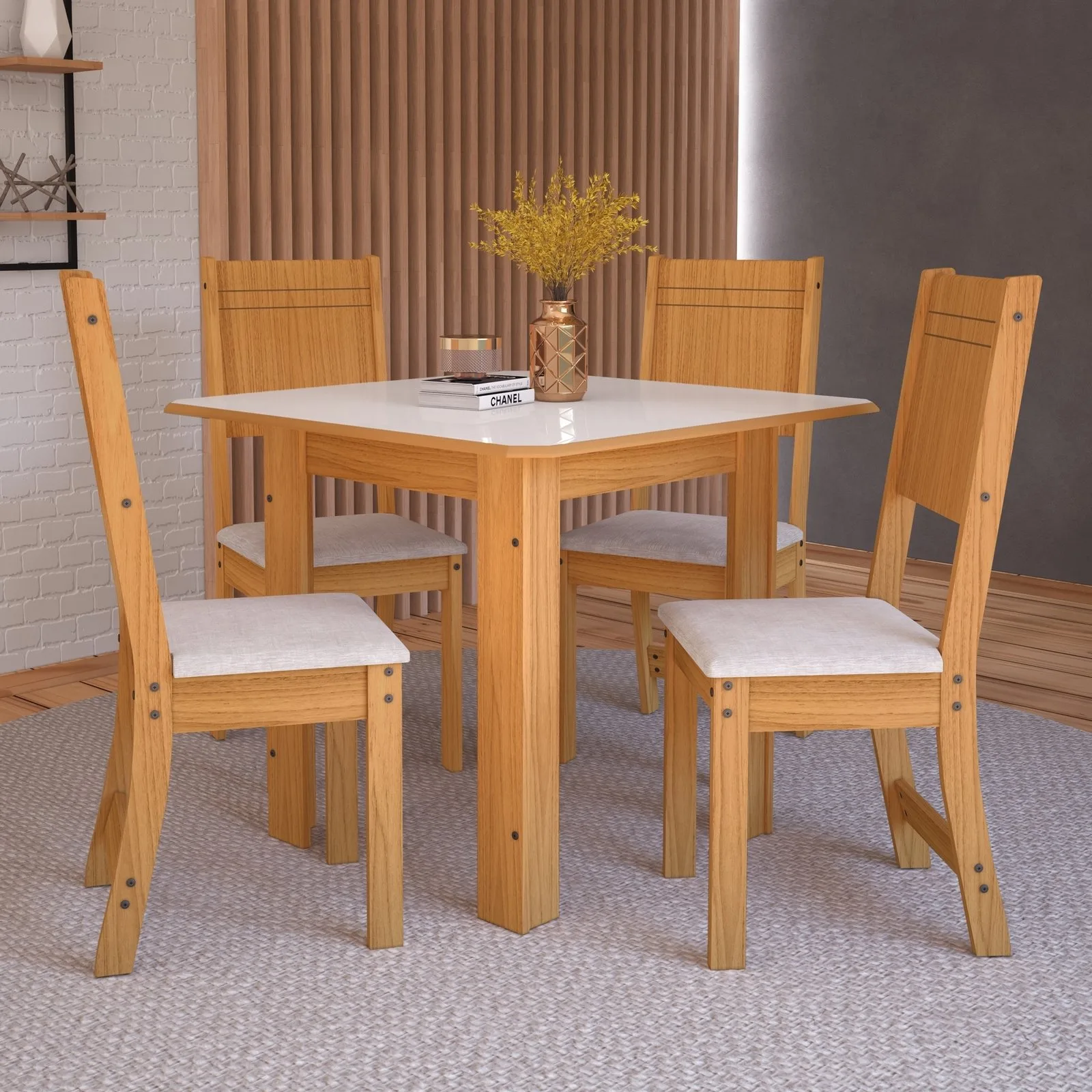 Mesa Lisboa 90 Freijó/Off White com 4 Cadeiras Linho Bege – INDÉKES