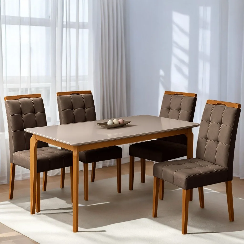 Mesa Alegra 120 Cinamomo/Off White com 4 Cadeiras Sophia Veludo Marrom – JCM MOVELARIA + WM DECOR