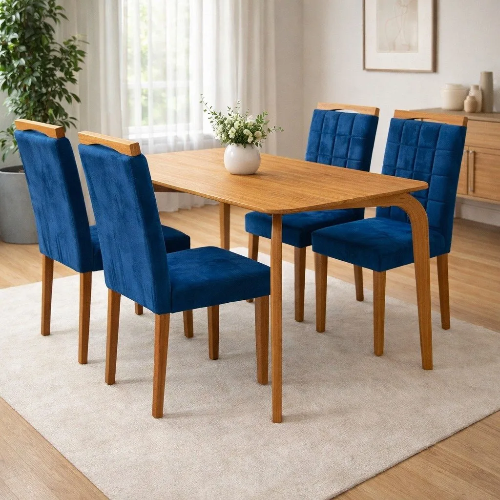 Mesa Capri 120 (S/Vidro) Laminado Natural com 4 Cadeiras Las Vegas Veludo Azul 24 – MÓVEIS VALVERDE + OURO DECOR