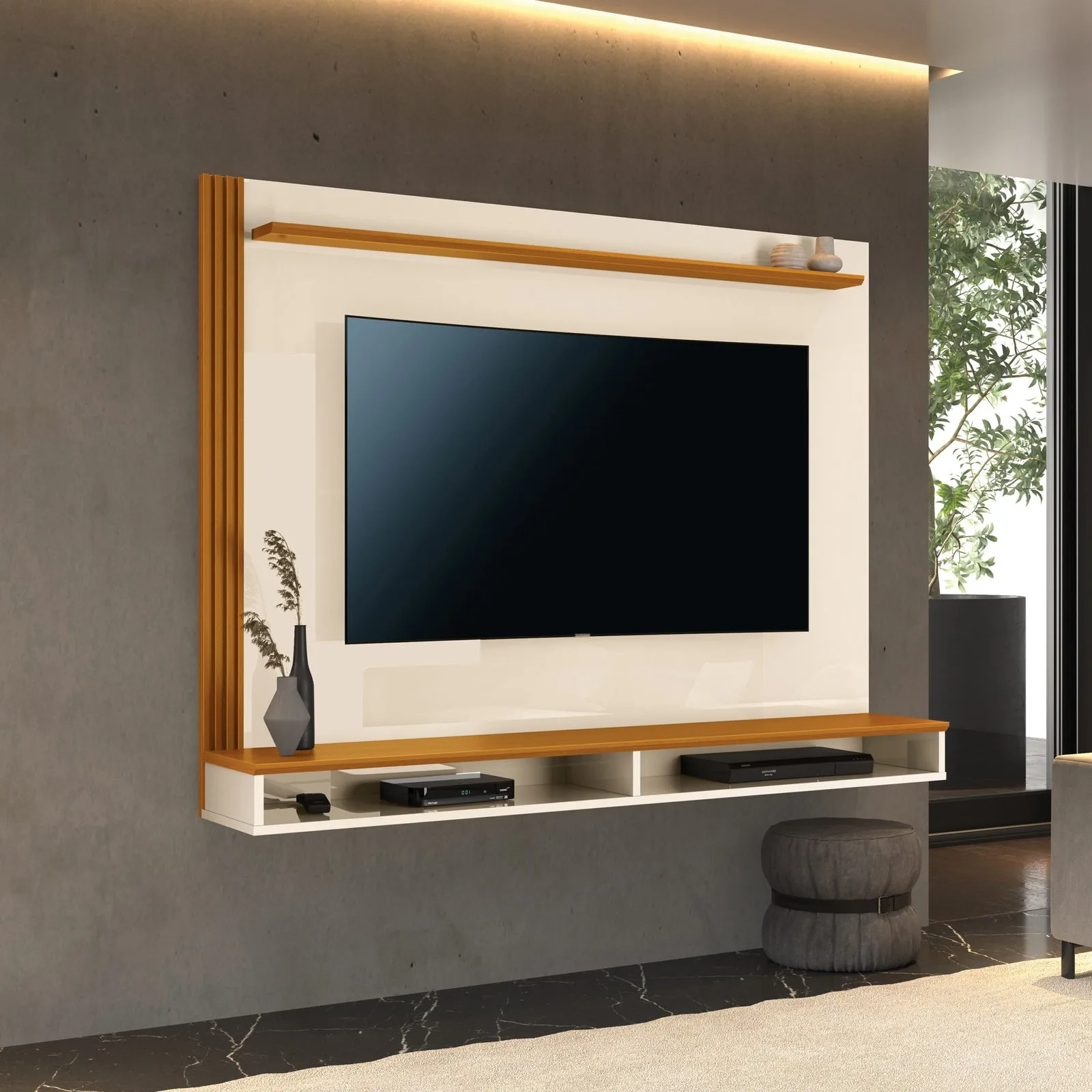 Painel até 55″ Davos Off White/Cedro – EDN MÓVEIS