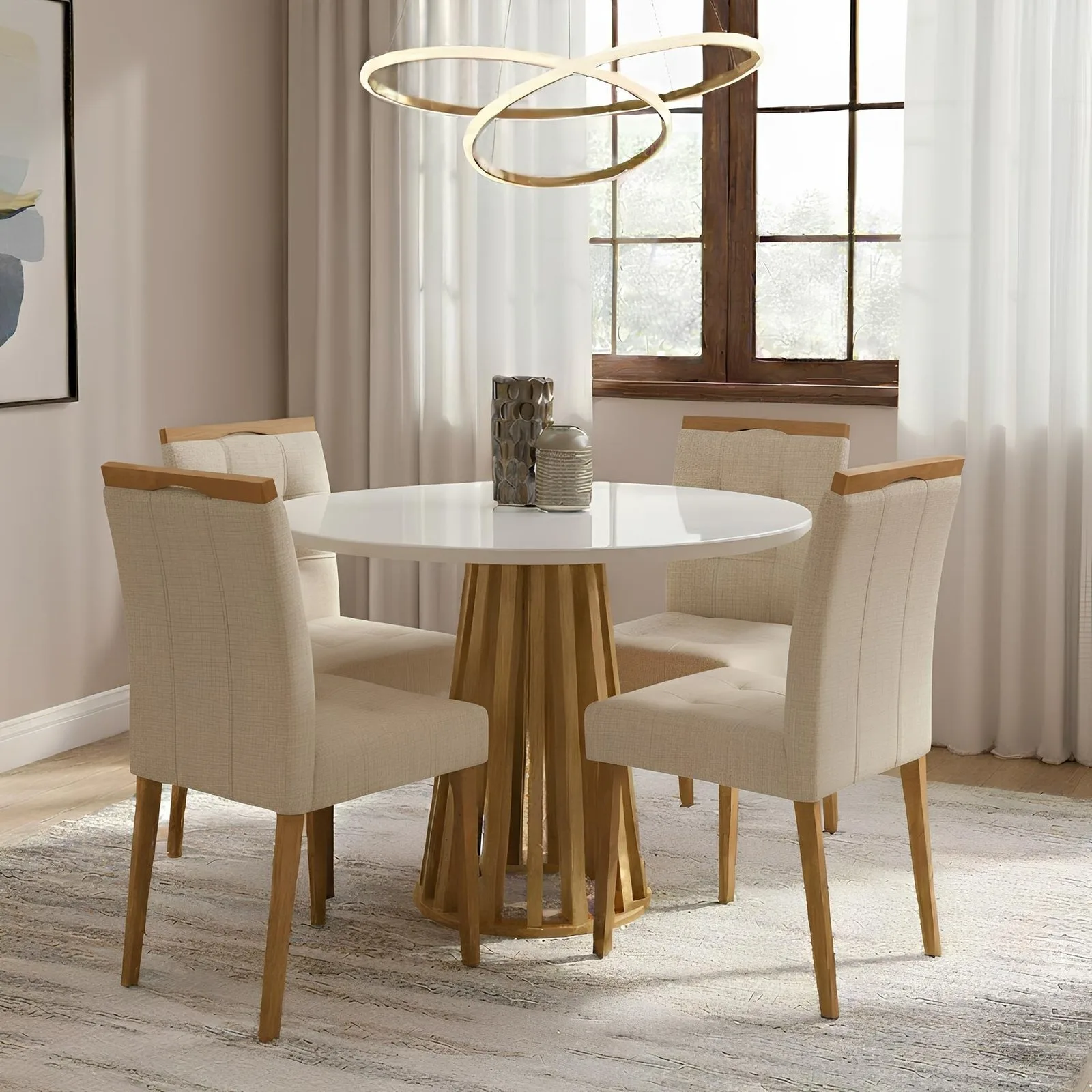 Mesa Redonda Berlim 100 Cinamomo/Off White com 4 Cadeiras Sophia Linho Bege 200 – CEL MÓVEIS + WM DECOR
