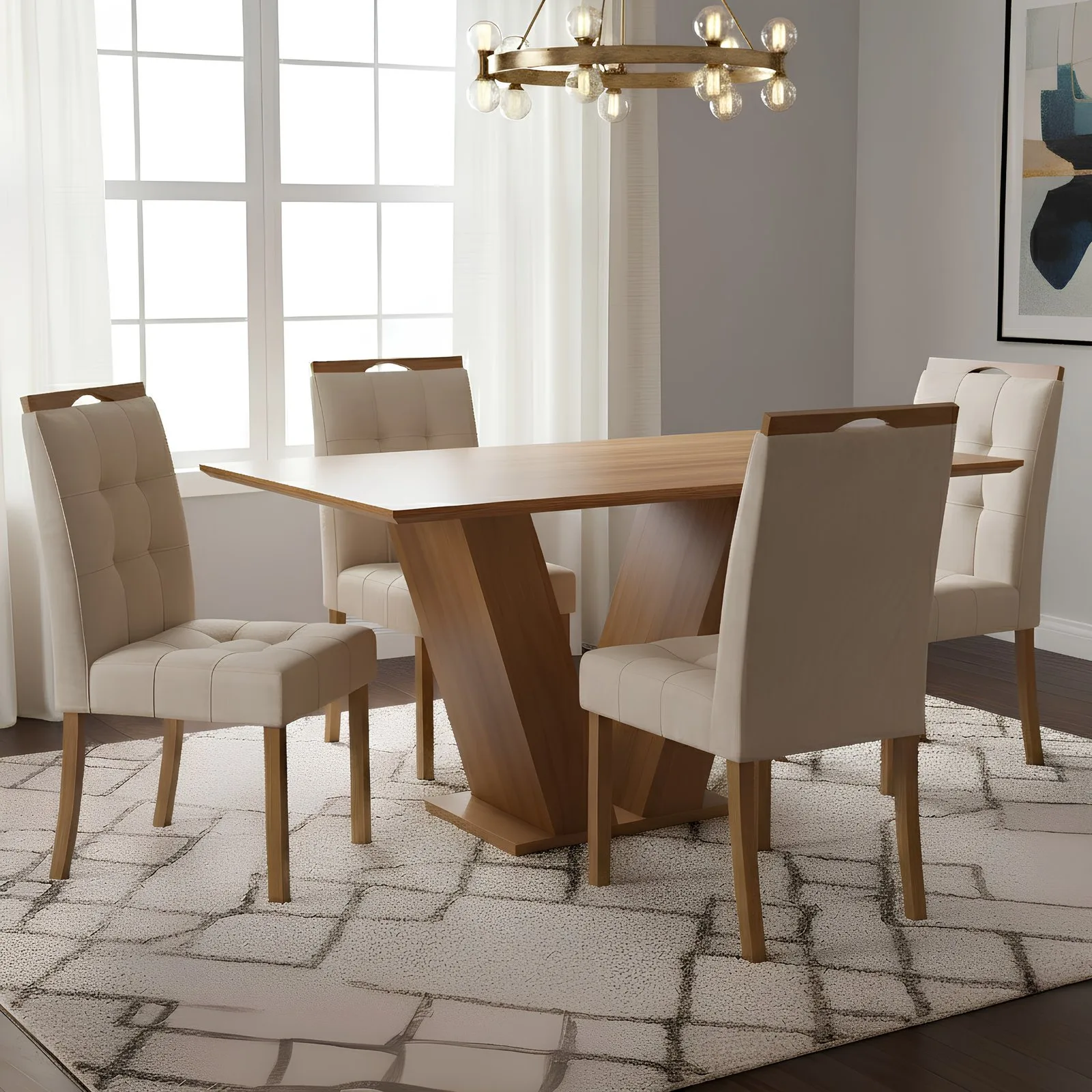 Mesa Classic 120 Cinamomo Laminado com 4 Cadeiras Sophia Veludo Bege – CEL MÓVEIS + WM DECOR